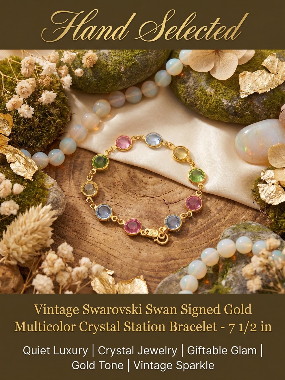 Vintage Swarovski Swan Signed Gold Multicolor Crystal Station Bracelet